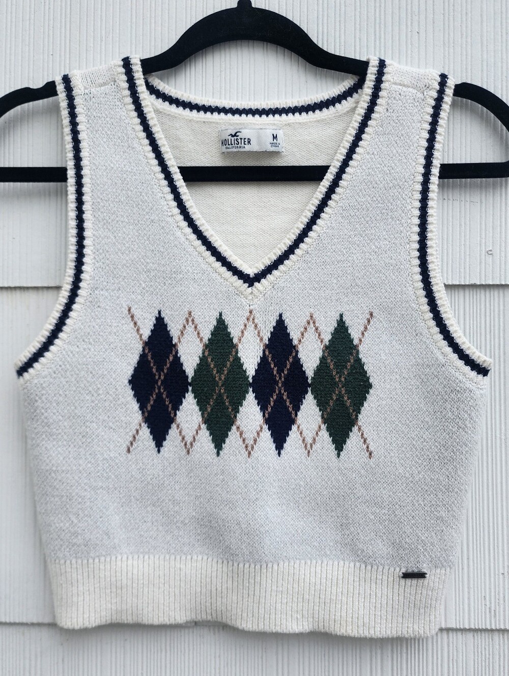 Hollister Argyle V-Neck Cropped Pullover Knit Sweater Vest Cream Medium Womens